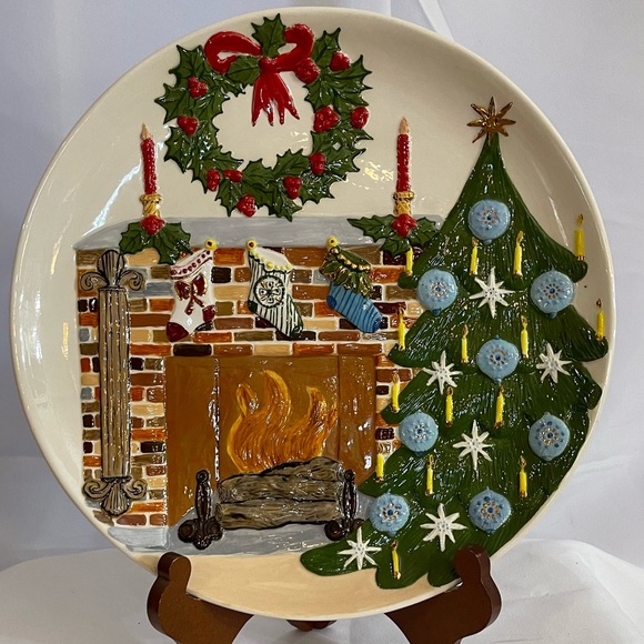 Hand Crafted Holiday Vintage Christmas Tree Fireplace Platter